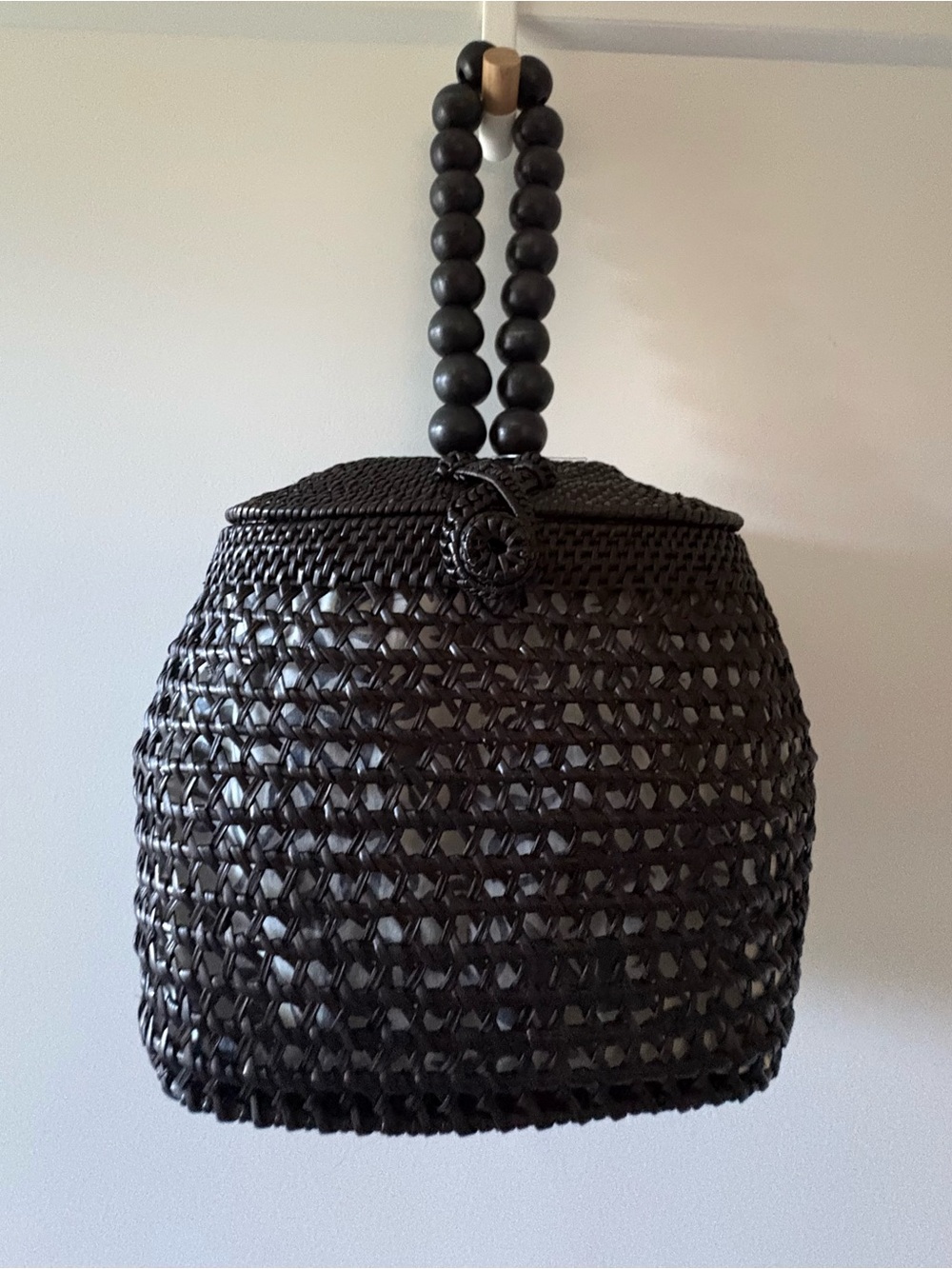 NWT Anthro Black 100% Rattan Woven Bead-Handle Tote